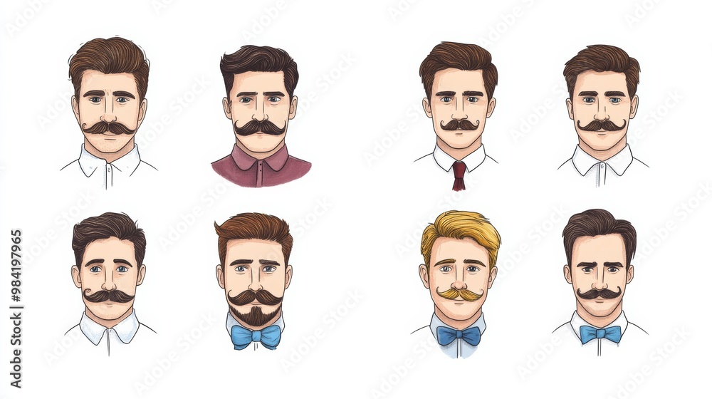 Fototapeta premium Iconic moustache styles drawn as cartoon characters, each with a different expression and personality, fun and imaginative