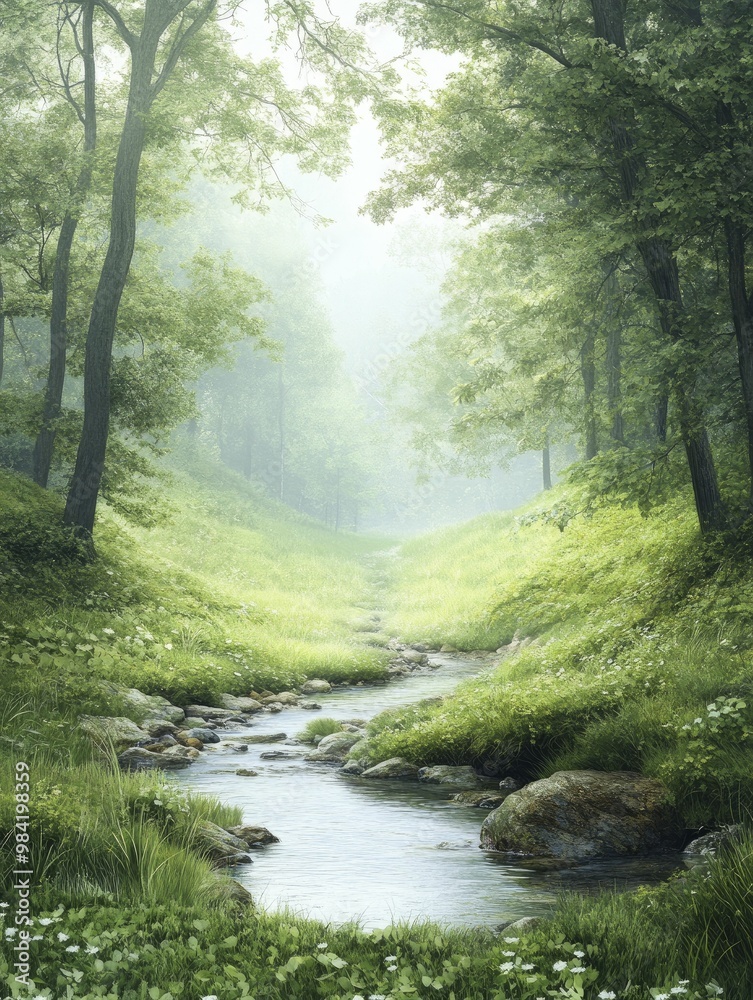 Obraz premium Tranquil Forest Stream Flowing Through Lush Green Woods Surrounded by Vibrant Foliage and Natural Serenity