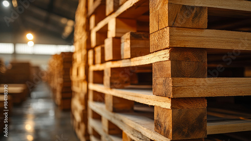 Wooden pallets stacked in a warehouse under sunlight.