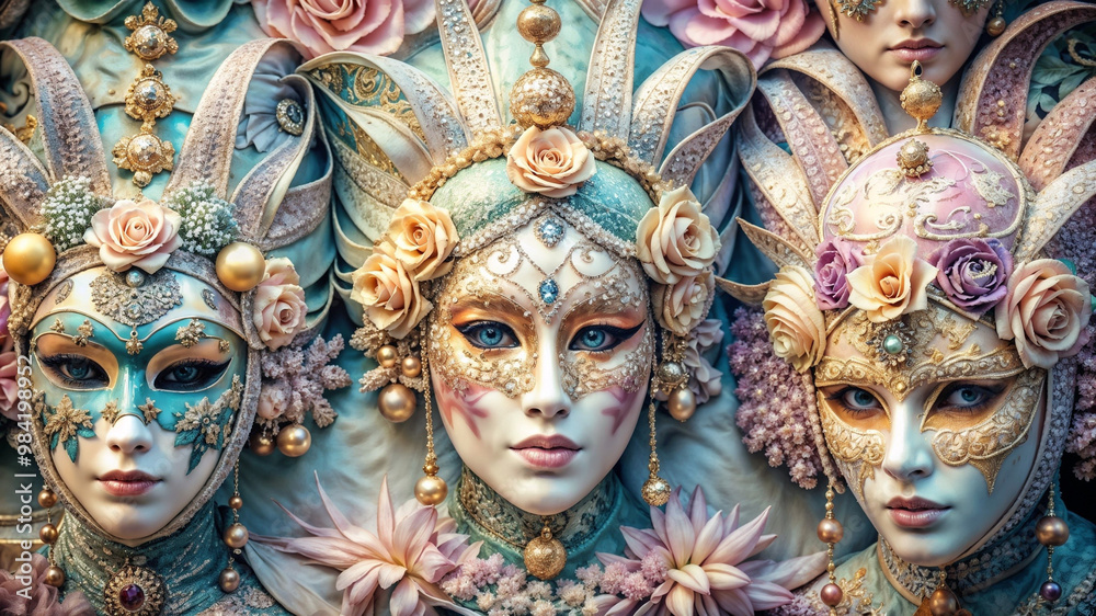 Fototapeta premium Exquisite masquerade masks adorned with flowers and intricate details on beautifully painted faces