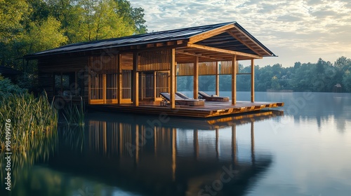 A wooden boat house on a tranquil lake, designed with a retractable roof and walls that open completely to the natural surroundings
