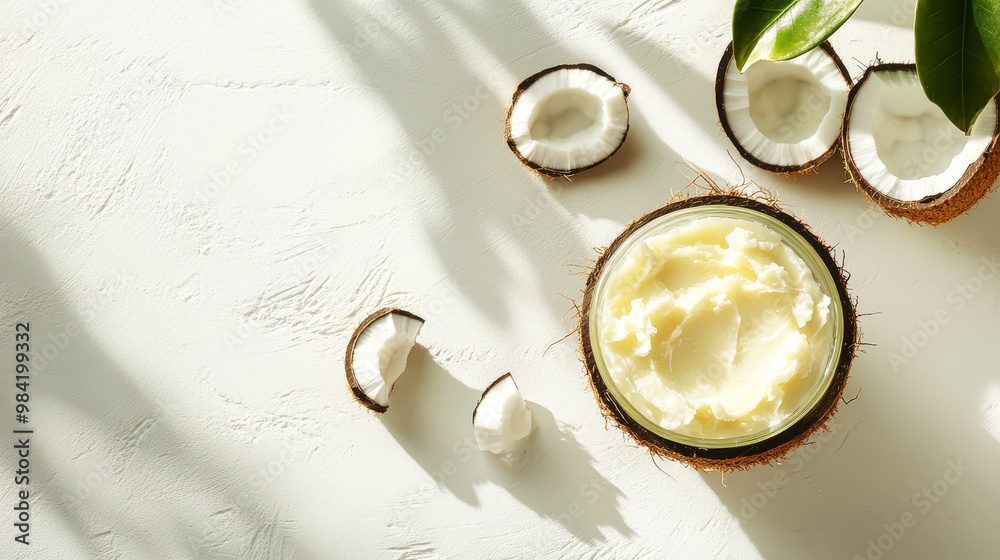 Shea butter and coconut on aesthetic background, top view, organic cosmetic ingredients. Skincare concept. Generative AI Shea butter and coconut on aesthetic background, top view, organic cosmetic ingredients. Skincare concept. Generative AI