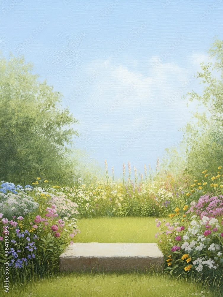 Fototapeta premium Vibrant Garden Scene Featuring Colorful Flowers and Lush Green Trees, Capturing the Beauty of Nature in a Serene Outdoor Setting