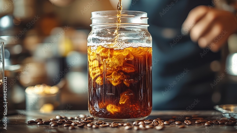 Refreshing iced coffee being poured into a glass jar, capturing the essence of summer beverages and coffee culture. Refreshing iced coffee being poured into a glass jar, capturing the essence of summer beverages and coffee culture.