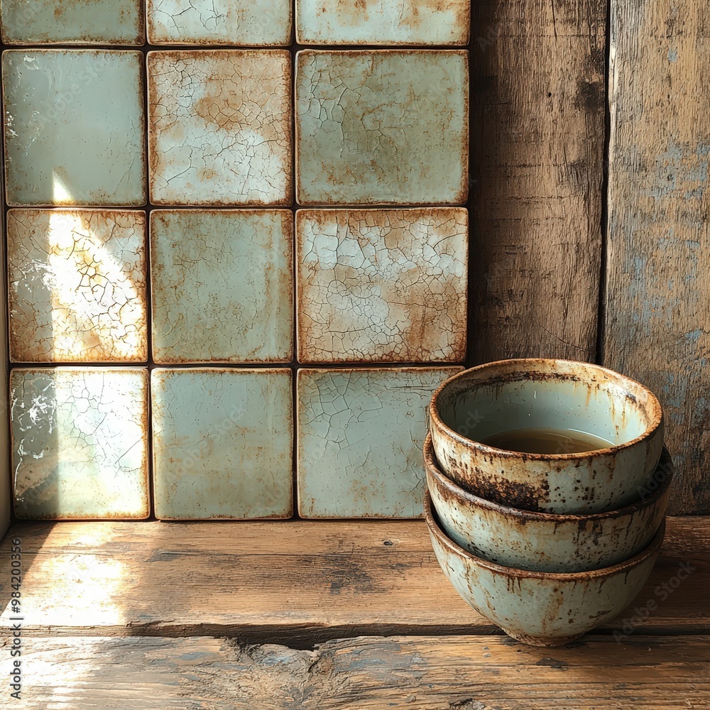 Rustic bowls stacked against a textured wall of weathered tiles, creating a warm and inviting kitchen atmosphere. Rustic bowls stacked against a textured wall of weathered tiles, creating a warm and inviting kitchen atmosphere.
