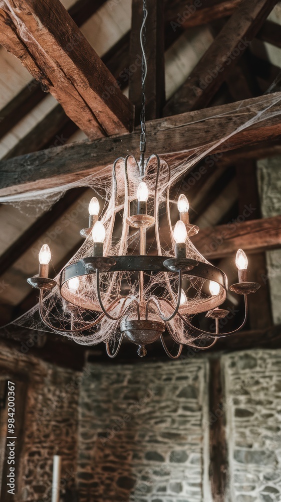 Fototapeta premium Rustic Chandelier Hanging in a Wooden Ceiling Loft