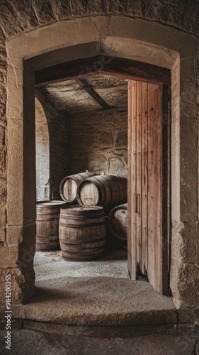Rustic Wine Cellar with Wooden Barrels photo