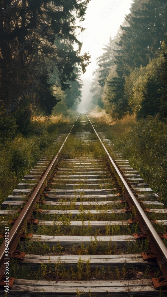 Obraz premium Overgrown Railway Tracks in Lush Forest Setting