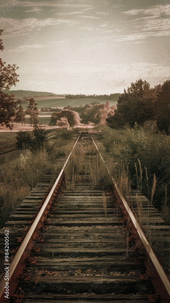 Fototapeta premium Vintage Railway Tracks Through Lush Landscape