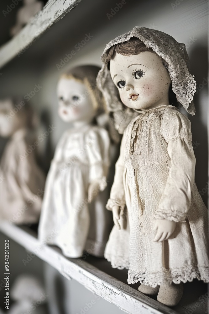 Fototapeta premium Antique Dolls on Shelf with Vintage Clothing