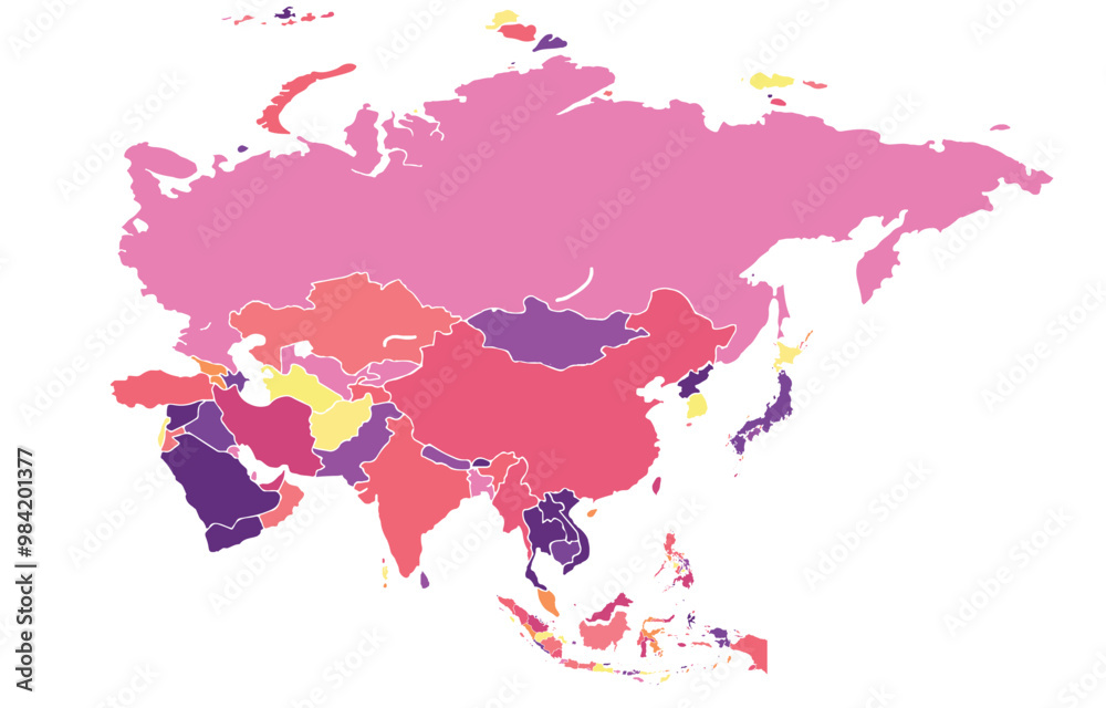 Main regions of Asia. Political map with single countries. Colored subregions of the Asian continent. Central, East, North, South, Southeast and Western Asia. Main regions of Asia. Political map with single countries. Colored subregions of the Asian continent. Central, East, North, South, Southeast and Western Asia.