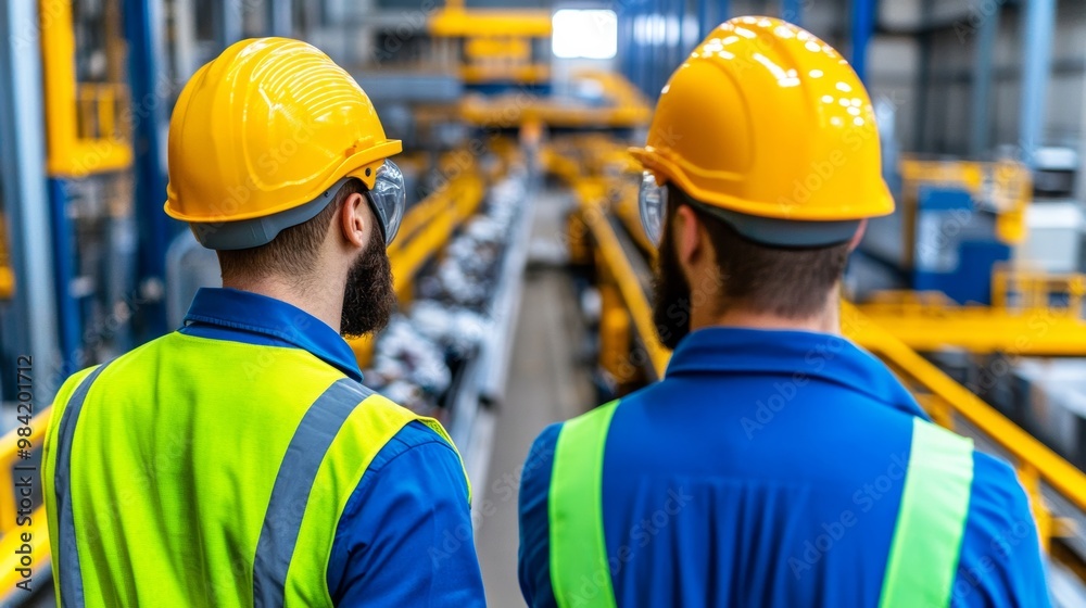 Interior of a waste processing plant with large machinery, sorting lines, and workers in protective gear handling recyclable materials Interior of a waste processing plant with large machinery, sorting lines, and workers in protective gear handling recyclable materials
