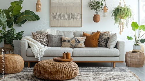 A bohemian-inspired living room with earthy tones and textures. A comfortable light-gray sofa