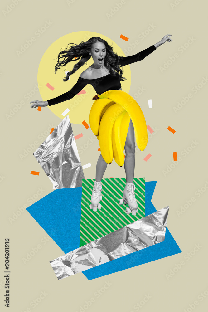 Fototapeta premium Vertical creative template graphics collage image of impressed excited lady wear banana skirt rising rollers isolated beige color background