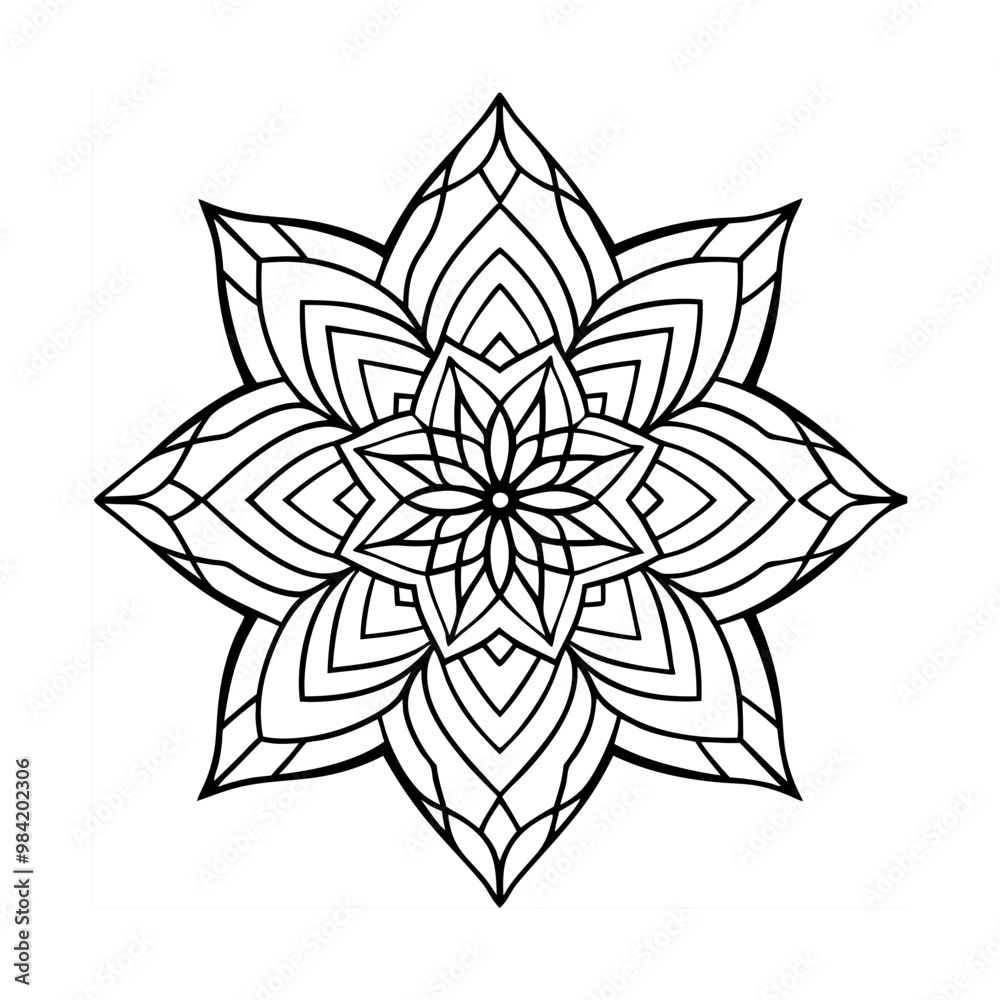 Intricate, symmetrical mandala design with detailed patterns, perfect for meditation and coloring.