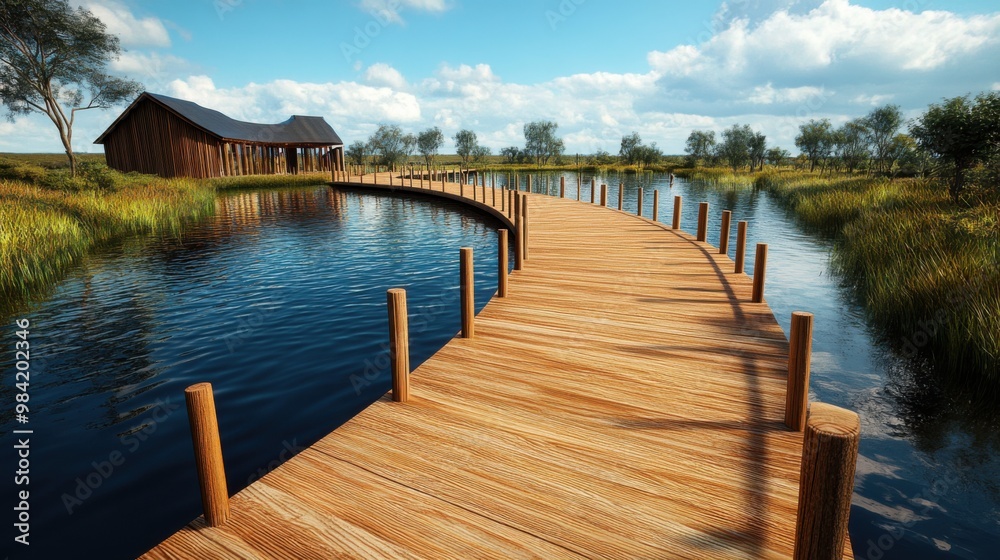 Serene Biodiverse Wetland Boardwalk with Eco-Conscious Interpretive Signs Promoting Conservation and Sustainable Tourism Serene Biodiverse Wetland Boardwalk with Eco-Conscious Interpretive Signs Promoting Conservation and Sustainable Tourism