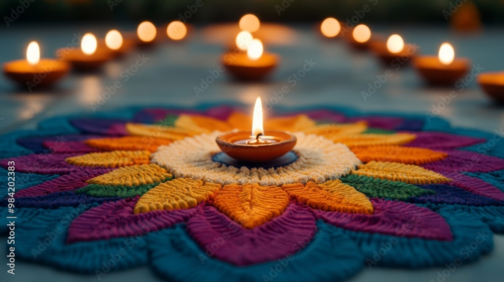 Fototapeta premium Intricate rangoli design with vibrant colors and diyas lit around it in preparation for Diwali celebrations 