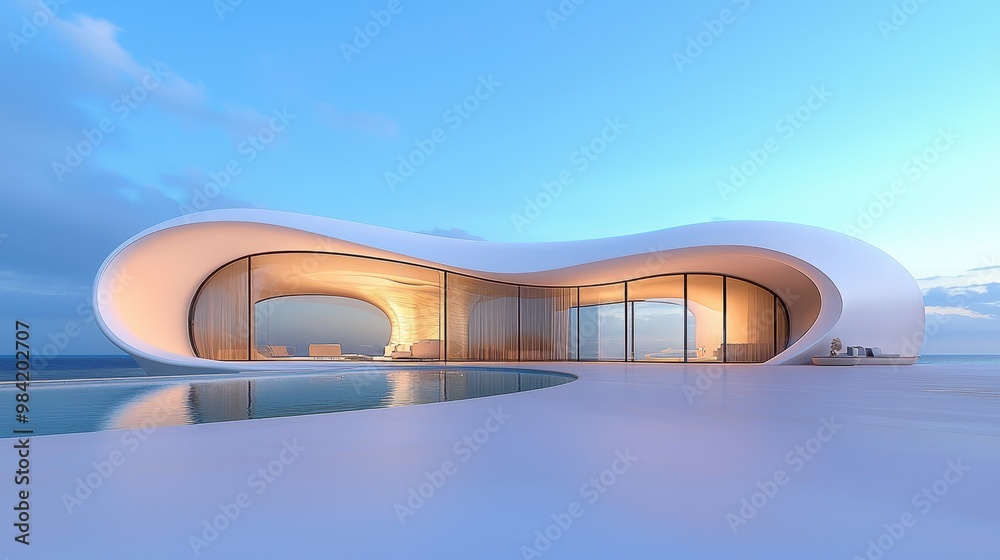 Modern Architectural Design by the Ocean at Sunset