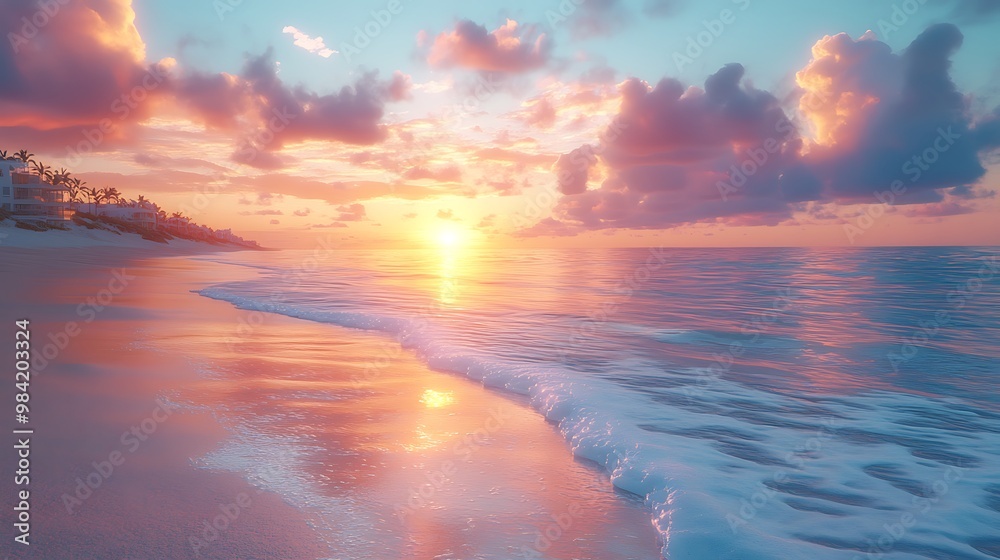 A scenic view of a beautiful sunset over the ocean with pink clouds and a sandy beach. A scenic view of a beautiful sunset over the ocean with pink clouds and a sandy beach.