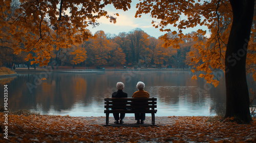 Elderly people are relaxing in an autumn park on the bank of a pond, sitting on a bench.