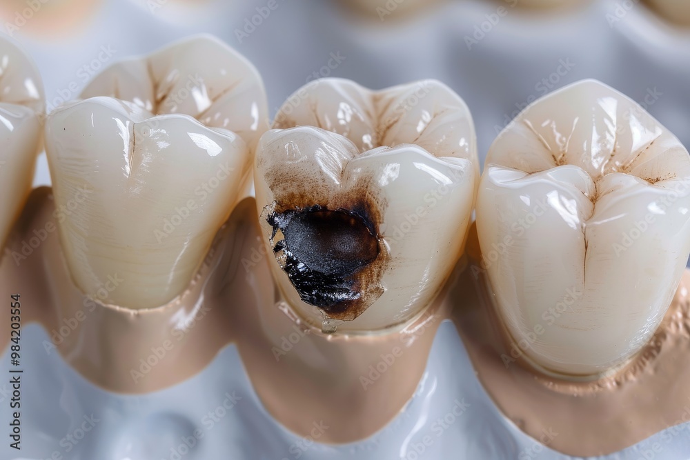 Close-up of a dental model of a tooth with caries Close-up of a dental model of a tooth with caries