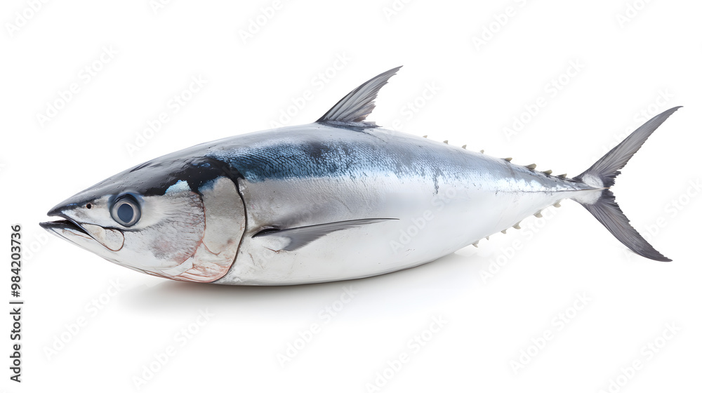 Fresh whole tuna fish with glossy silver skin isolated on white background Fresh whole tuna fish with glossy silver skin isolated on white background
