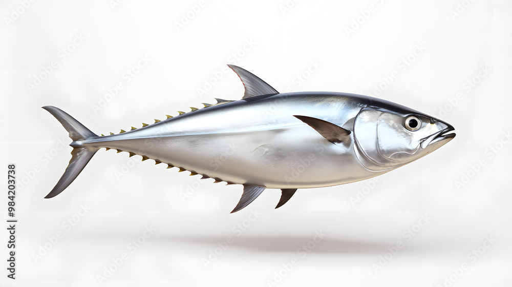 Fresh whole tuna fish with glossy silver skin isolated on white background