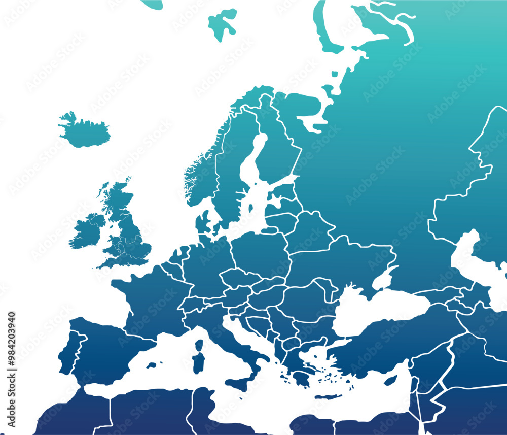 Naklejka premium Europe map modern colors vector, isolated on white background.Travel worldwide, map silhouette, backdrop, earth geography, political,reports,city, infographic, political, concept, outline.