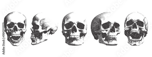 Vector skull. Trendy monochrome retro elements. Modern stipple dots texture for design art. y2k collage set for poster, banner, cover.