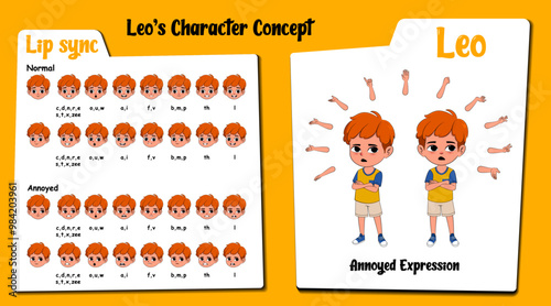 An annoyed boy cartoon character AKA Leo, little red hair boy cartoon vector. Annoyed face expressions and lip sync. Set of cute boy with various hand gesture and front and 1/3 standing pose.
