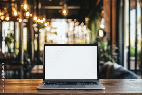 Laptop on a Wooden Table in a Cafe