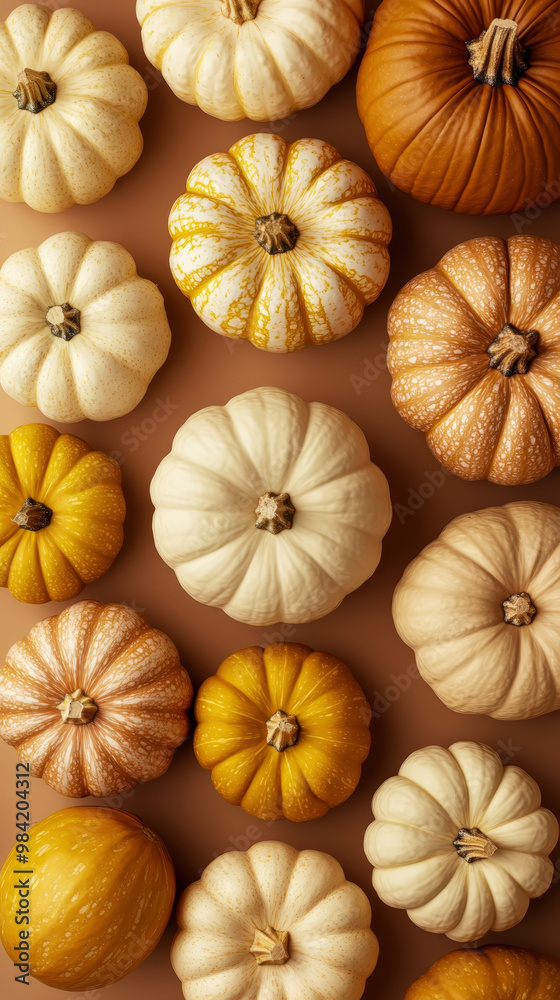 Aesthetic mix of orange and white pumpkins, top view. Greeting mockup, copy space. Autumn vibes. Generative AI Aesthetic mix of orange and white pumpkins, top view. Greeting mockup, copy space. Autumn vibes. Generative AI