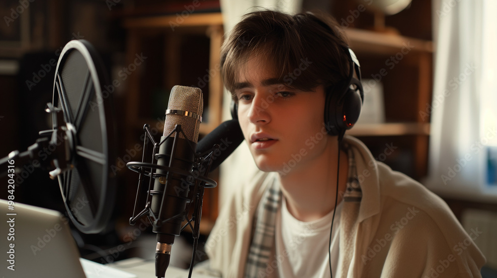 A clean and dynamic photograph capturing a young male podcaster recording an audio podcast in his modern home studio. A clean and dynamic photograph capturing a young male podcaster recording an audio podcast in his modern home studio.