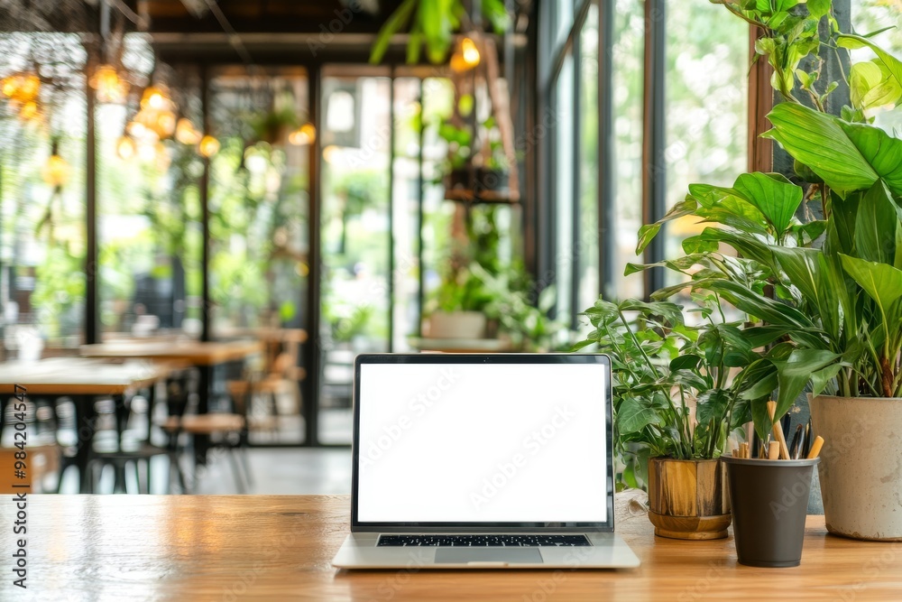 Laptop and Plants on a Wooden Table in a Cafe Laptop and Plants on a Wooden Table in a Cafe