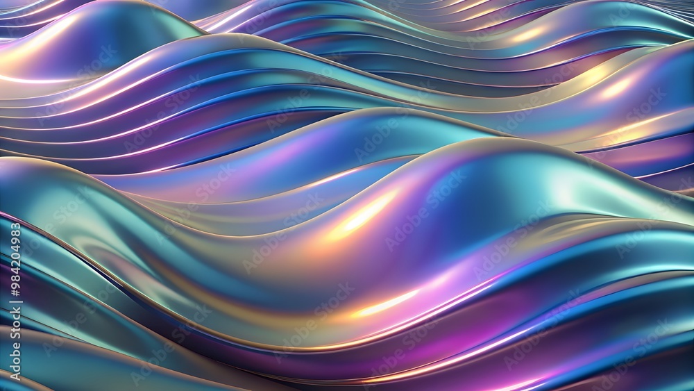 Holographic chrome gradient waves abstract background. Liquid surface, ripples, reflections. 3d render illustration. Futuristic modern backdrop design for business, presentation, ads, banner Holographic chrome gradient waves abstract background. Liquid surface, ripples, reflections. 3d render illustration. Futuristic modern backdrop design for business, presentation, ads, banner