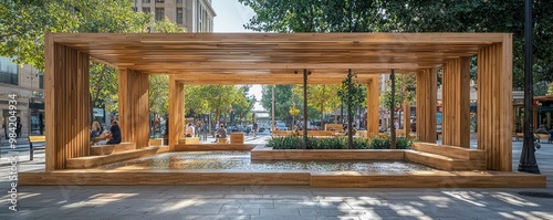 A wooden installation in an urban square that collects rainwater for irrigation and provides seating and shade for city dwellers photo