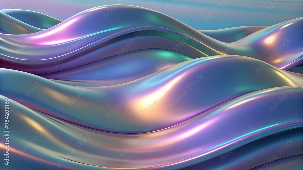 Obraz premium Holographic chrome gradient waves abstract background. Liquid surface, ripples, reflections. 3d render illustration. Futuristic modern backdrop design for business, presentation, ads, banner