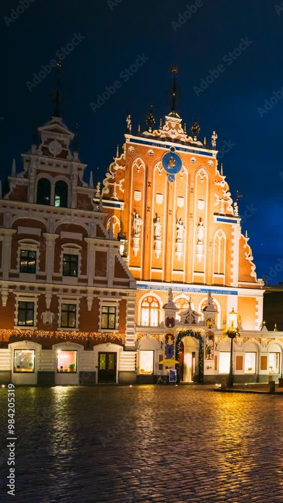 Riga, Latvia. Time Lapse Timelapse Time-lapse Of Town Hall Square, Popular Place With Famous Landmarks On It In Bright Illumination In Winter Twilight. New Year, Christmas Holidays Riga, Latvia. Time Lapse Timelapse Time-lapse Of Town Hall Square, Popular Place With Famous Landmarks On It In Bright Illumination In Winter Twilight. New Year, Christmas Holidays