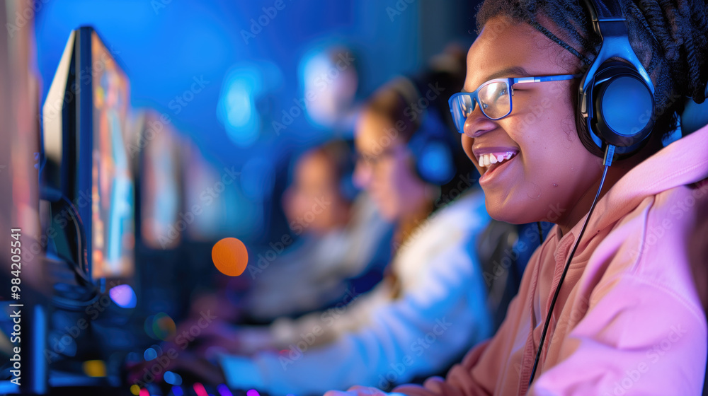 Obraz premium Happy young gamer enjoying online gaming at a cyber cafe