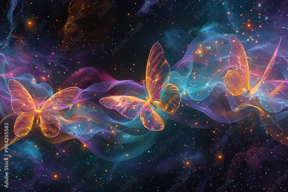 Naklejka premium A colorful butterfly is flying through a galaxy of stars