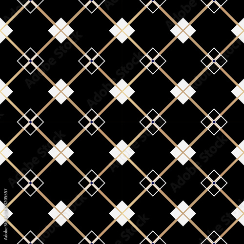 Black, white and gold geometric seamless pattern perfect for wallpaper and fabric design featuring vintage square and diamond shapes 