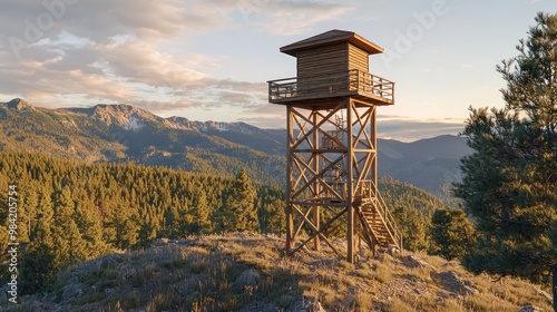 A wooden lookout tower in a national park, offering 360-degree views and designed with minimalist impact on the environment