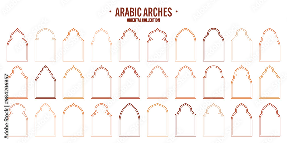Islamic frames, oriental style objects. Arabic shapes, windows and arches. Traditional ornamental banner, frame. Muslim holidays, Ramadan Kareem. Modern eastern architecture. Vector illustration