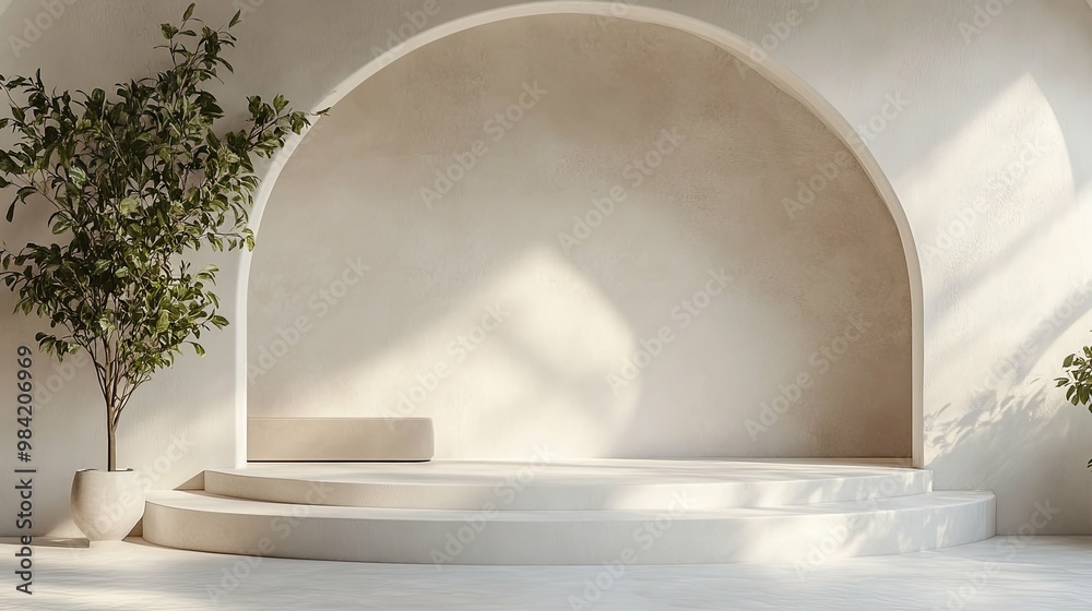 Minimalist White Platform with Plant and Archway Minimalist White Platform with Plant and Archway