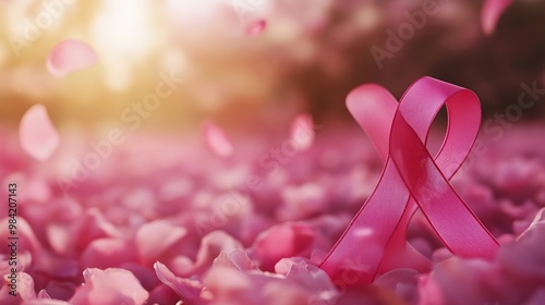 A pink ribbon on flower petals symbolizes breast cancer awareness and hope.