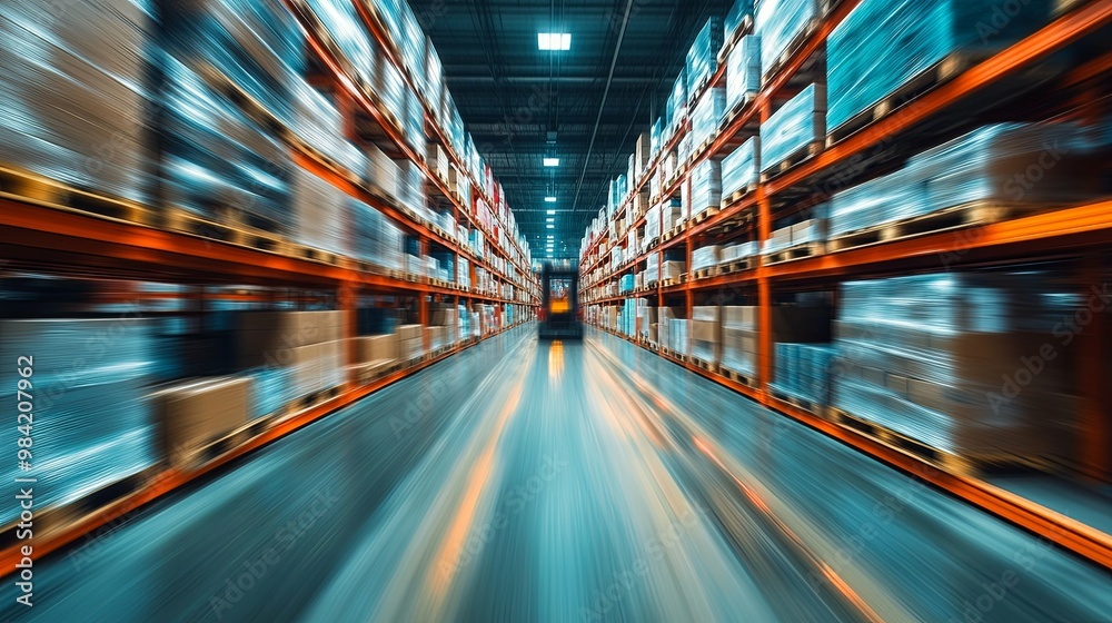 A Forklift Drives Down a Blurred Warehouse Aisle A Forklift Drives Down a Blurred Warehouse Aisle