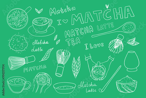 Big set of hand drawn matcha tea theme elements.  Matcha powder, Matcha Measuring Spoon, bamboo whisk, japanese tea, matcha latte, cup in hands. Cute vector illustration EPS10 in doodle style.