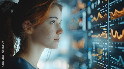 Businesswoman analyzing AI data streams on screens, control panel of a global trading system on the blockchain. Generative AI. Free Download Businesswoman analyzing AI data streams on screens, control panel of a global trading system on the blockchain. Generative AI. - GFXLoad