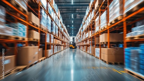 Forklift Moving Through a Blurred Warehouse Aisle