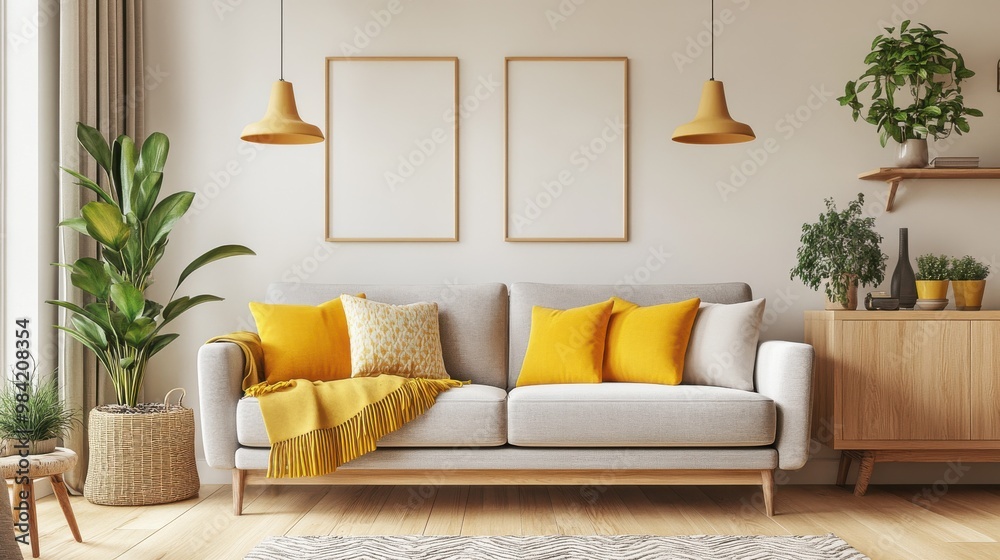 Fototapeta premium A bright, cheerful living room with a light gray sofa adorned with vibrant yellow pillows